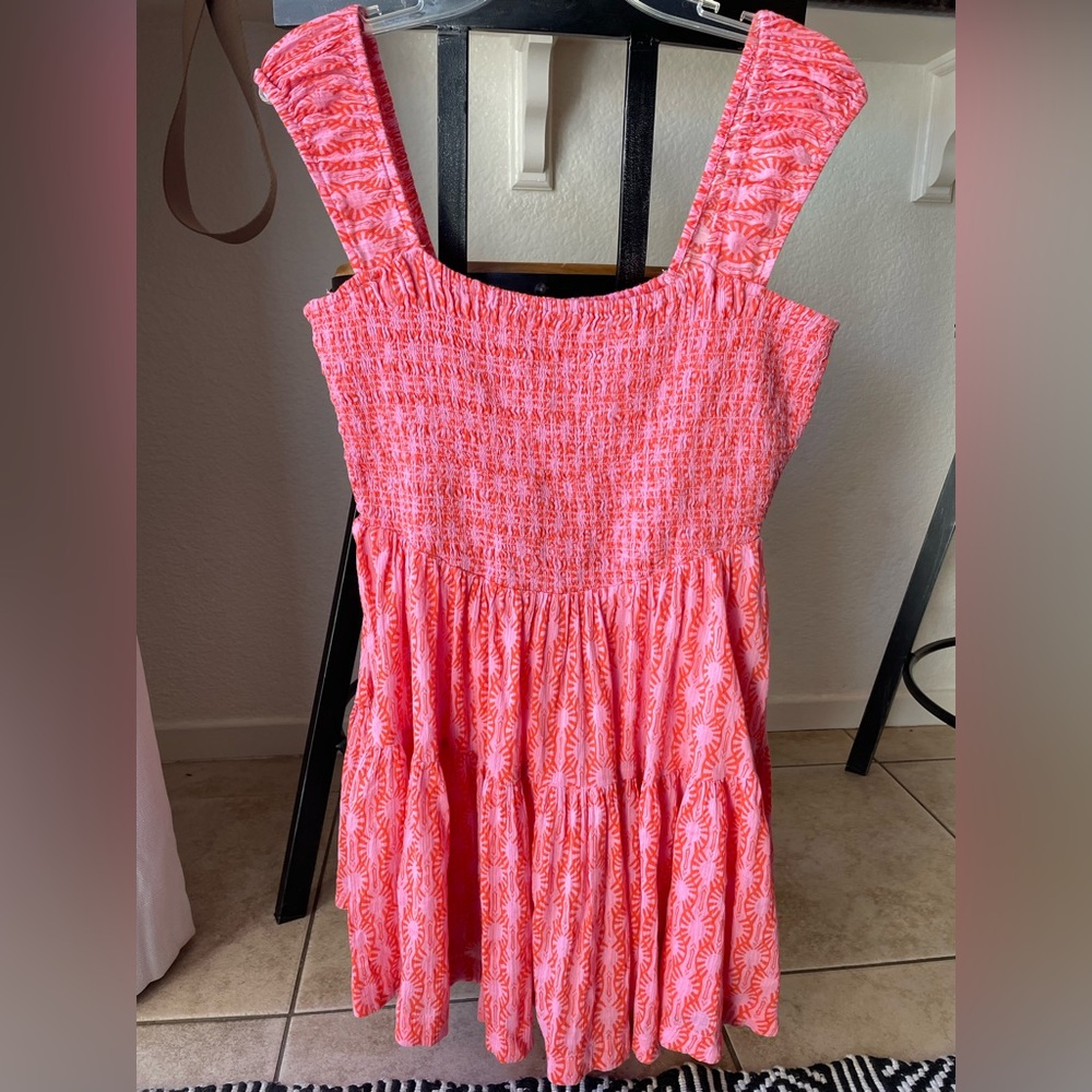 Free People printed shirred detail mini dress in pink